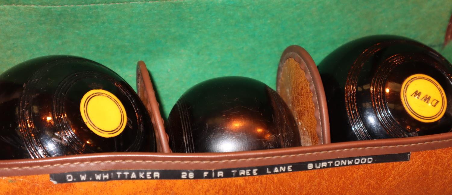 Cased set of bowls with jack. Not available for in-house P&P, contact Paul O'Hea at Mailboxes on