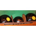 Cased set of bowls with jack. Not available for in-house P&P, contact Paul O'Hea at Mailboxes on
