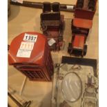 A selection of reproduction items including tinplate bus, vintage car, telephone box and four ornate