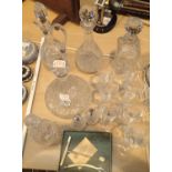 A selection of mixed glass ware to include drinking glasses, ships decanter etc. Not available for