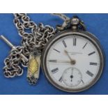 Hallmarked silver pocket, The Farringdon Regulator on a white metal chain and silver fob, chain L: