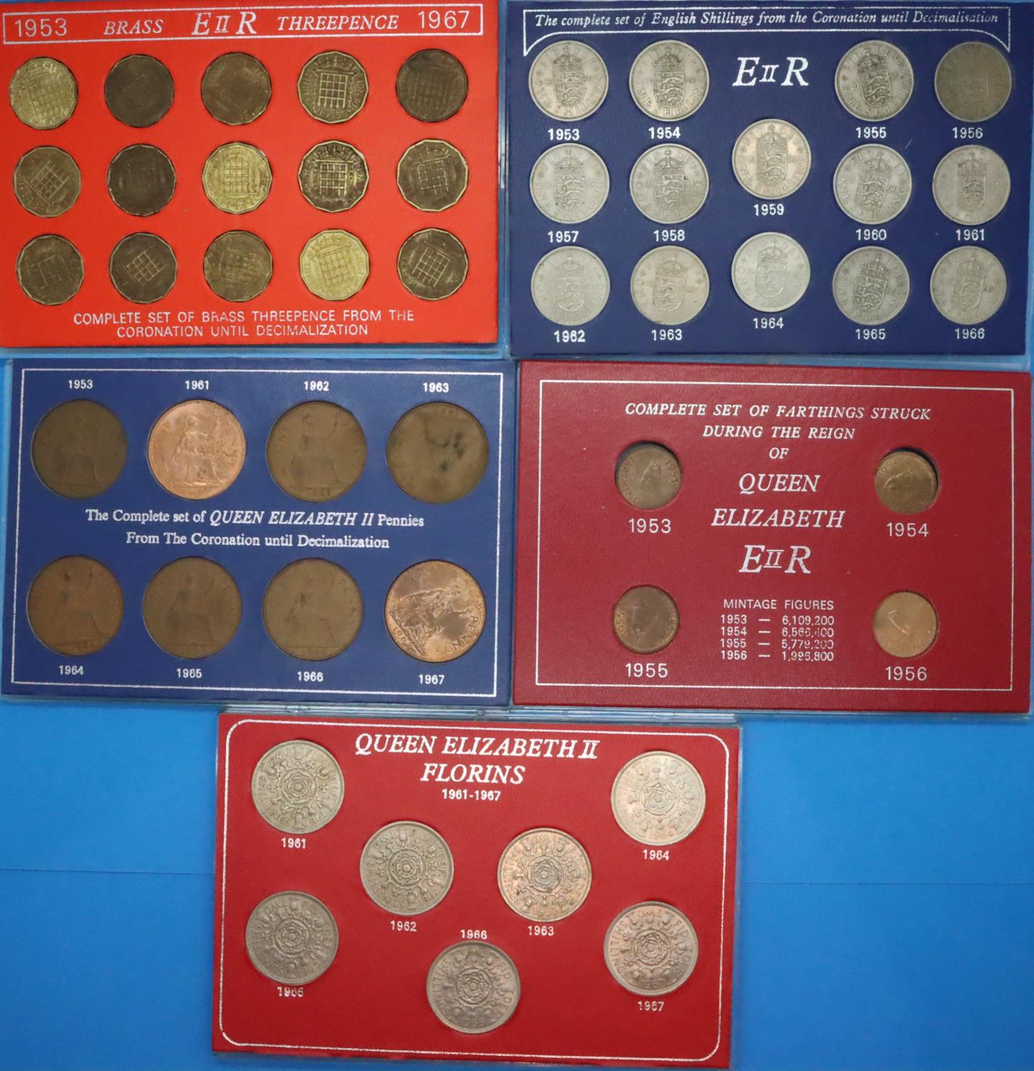 1953 - 1967 pre-decimal coinage of Elizabeth II, mixed denominations in presentation cases,