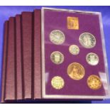 Six Royal Mint proof sets; Coinage of Great Britain 1970, four lacking certificates, otherwise all
