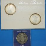 1780 Austrian silver Thaler of Maria Theresa, with two reproduction Thalers in presentation case.