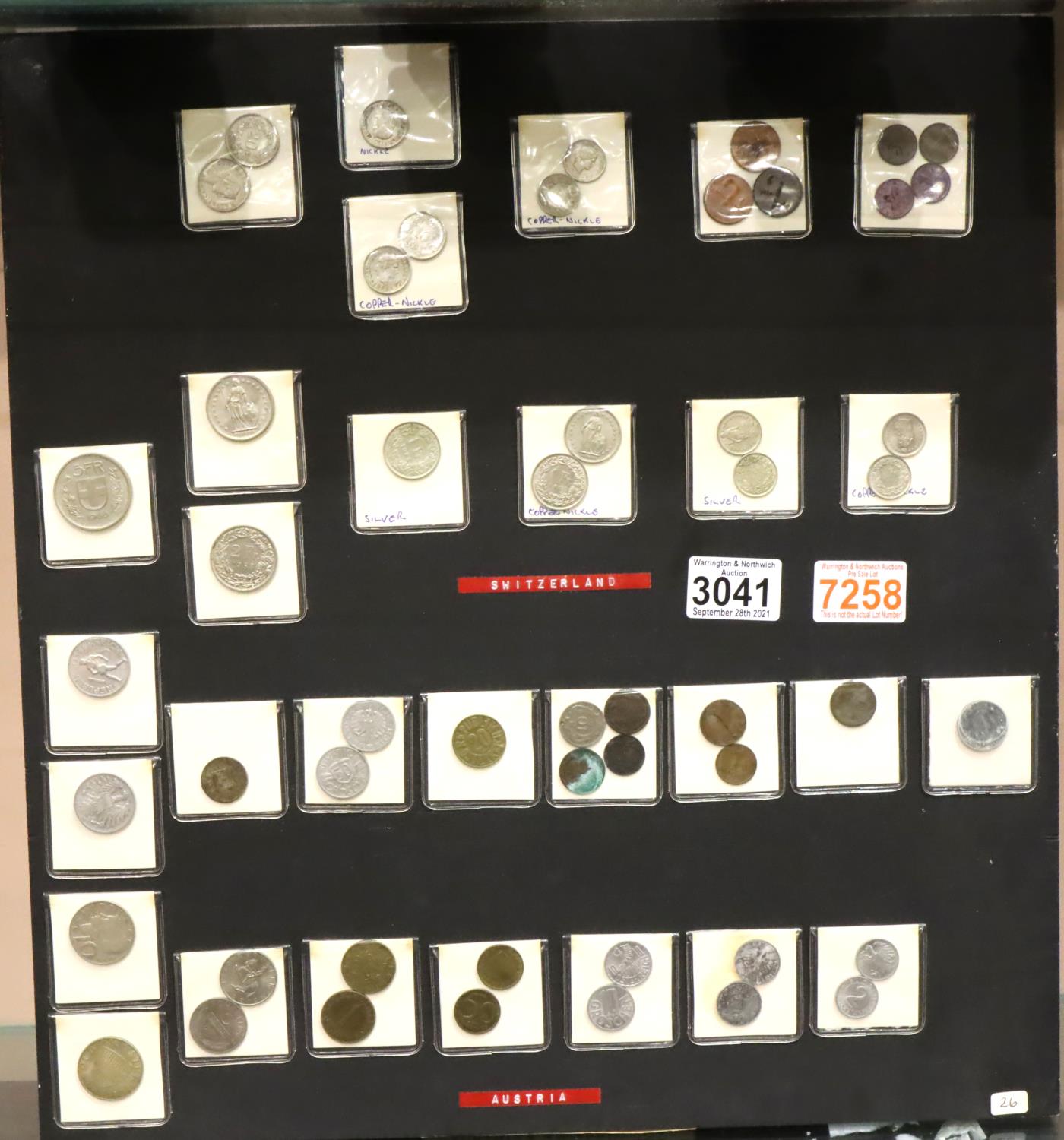 Coins of Europe, including France, Belgium, Italy and others. All mounted in sleeves onto five