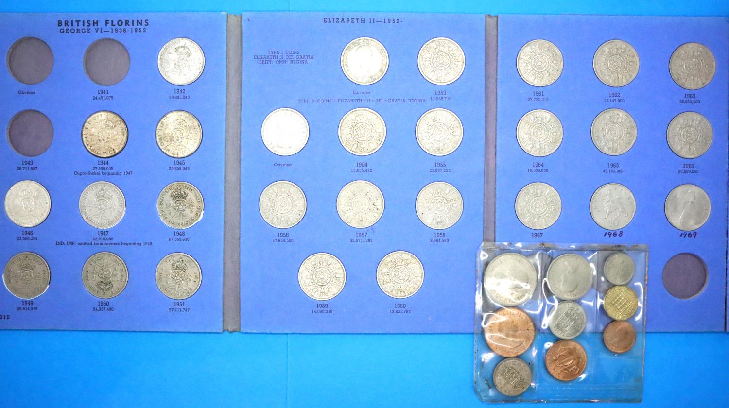 GB 1941-1969 florins in Whitman folder, no 1941 or 1943, uncirculated set farthing to half crown