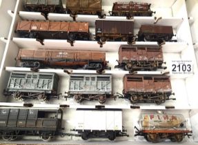 Fifteen OO scale wagons, various types and makes, mostly weathered in Warley storage box. P&P