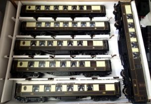 Six Hornby Pullman coaches with lights, Car 65, Argus, Fingall, Minerva, Mobe, Car 34, in very