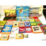 Selection of vintage games, including magnetic fishing, blow football, two Victory wooden jigsaw