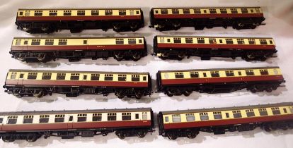 Eight Bachmann Crimson/Cream OO coaches, all fitted modified couplings (one coach faded), some