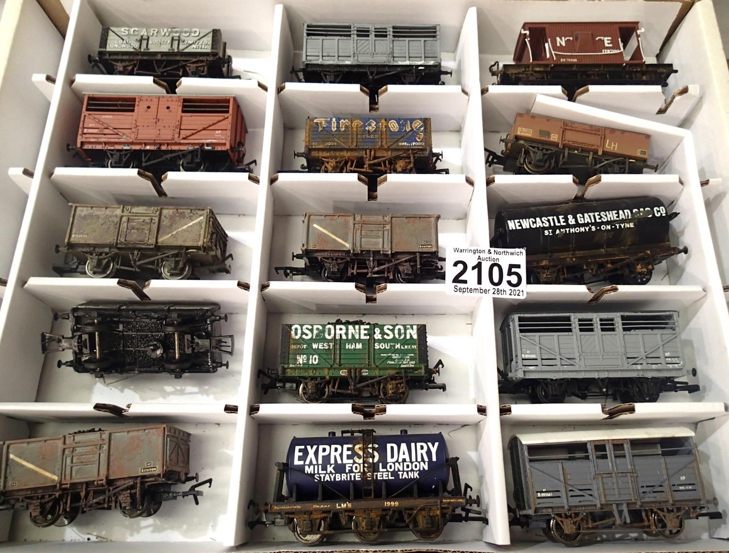 Fifteen OO scale wagons, various types and makes, mostly weathered in Warley storage box. P&P