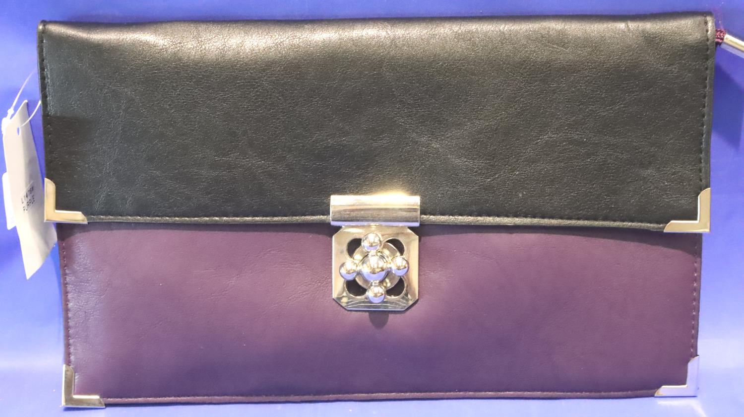 Ladies purple and black clutch bag with metal clasp. L: 29 cm. P&P Group 2 (£18+VAT for the first