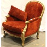 A large 20th century salon chair with carved gilt frame, 85 x 90 x 95 cm H. Not available for in-