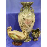Alhambrian Majolica vase, a large hand painted vase (reglued) H: 62 cm, and a Victorian vase (3).