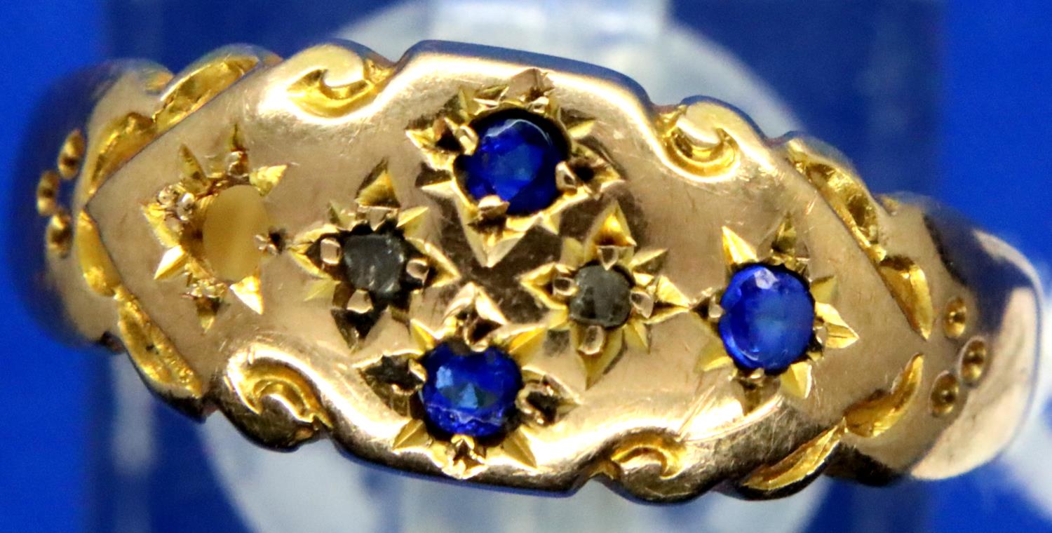 Victorian 9ct gold sapphire and diamond set dress ring, Chester hallmarked, one stone deficient,