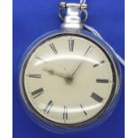 Early 19th century hallmarked silver pair cased pocket watch, rack levers movement, signed P.