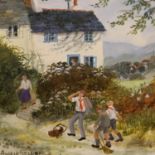 Angela Fielder; oil on board Schoolboys Going Home, 26 x 26 cm H. Not available for in-house P&P,