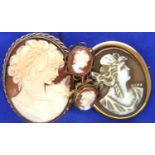 Suite of 9ct gold mounted and bound cameo set jewellery, with a further cameo brooch, combined