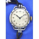 925 silver Art Deco wristwatch with silvered dial and leather strap, working at lotting. P&P Group 1