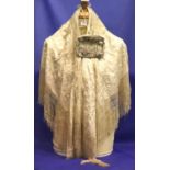 Antique Victorian cream silk embroidered and fringed shawl, and a beaded purse. P&P Group 1 (£14+VAT