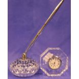 Waterford crystal pen stand, pen and a miniature Waterford Crystal clock (not working at lotting).