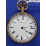 Waltham open face gold plated crown wind fob watch, the white enamel dial with Roman chapters,