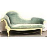 A 19th century chaise lounge, the carved frame more recently painted and reupholstered, 200 x 90 x