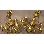 Two large brass ceiling six branch light fittings, L: 53 cm excluding fittings. Not available for