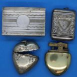 Heart shaped vesta and lighter and two further silver plated vestas. P&P Group 1 (£14+VAT for the