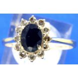 18ct white gold cluster set ring of sapphires and diamonds (one stone deficient), size Q, 2.9g. P&