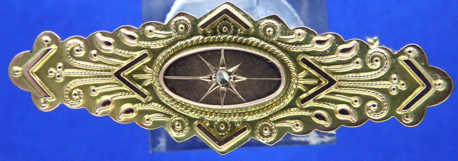 Victorian 9ct gold diamond set mourning brooch, L: 4 cm, 2.8g. P&P Group 1 (£14+VAT for the first