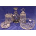 Collection of cut glass to include decanters, fruit bowl, biscuit barrel etc. Not available for in-