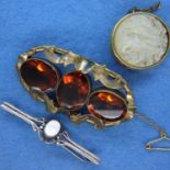 925 silver and mother of pearl brooch together with two pinchback brooches. P&P Group 1 (£14+VAT fo