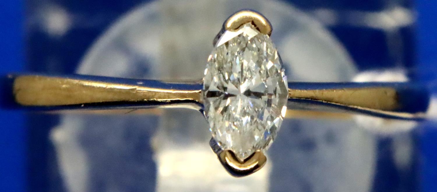 9ct gold ring with approximately 0.25ct Marquise cut diamond, size L, 1.4g. P&P Group 1 (£14+VAT for