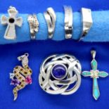 Four 925 silver rings, three pendants and a pin brooch, combined 38g. P&P Group 1 (£14+VAT for the