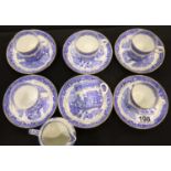 Six Salon China by S&N coffee cans and saucers in the Willow pattern with gilt edging and a Spode