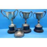 Two small hallmarked silver trophies, a white metal example and a hallmarked silver calendar holder.