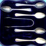 Cased set of five hallmarked teaspoons and a pair of tongs. P&P Group 1 (£14+VAT for the first lot