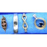 Two 9ct gold dress rings, necklace clasp and a sapphire set pendant, combined 5.9g. P&P Group 1 (£