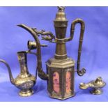 Three Oriental cast metal items including an oil lamp, tallest H: 30 cm. Not available for in-
