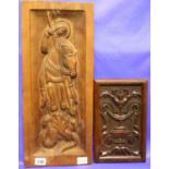 Pair of carved mahogany panels and an oak St George example. P&P Group 3 (£25+VAT for the first