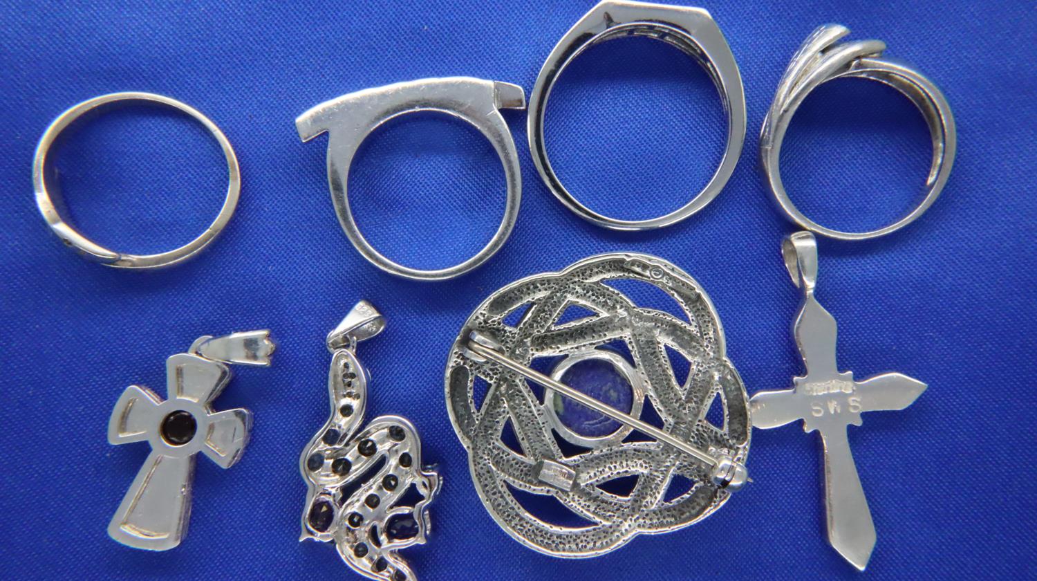 Four 925 silver rings, three pendants and a pin brooch, combined 38g. P&P Group 1 (£14+VAT for the - Image 2 of 2