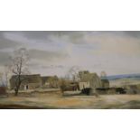 Barnfather '83; oil on canvas of farm landscape dated 1983, 35 x 100 cm. Not available for in-