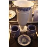 Four pieces of Wedgewood to include Jasperware and a Queens Choice vase. Not available for in-