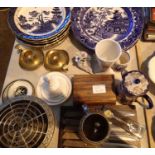 A selection of Willow patterned ceramic plates, an Oriental lidded jug and others. Not available for