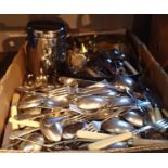 Box of mixed cutlery to include silver plated ware. Not available for in-house P&P, contact Paul O'