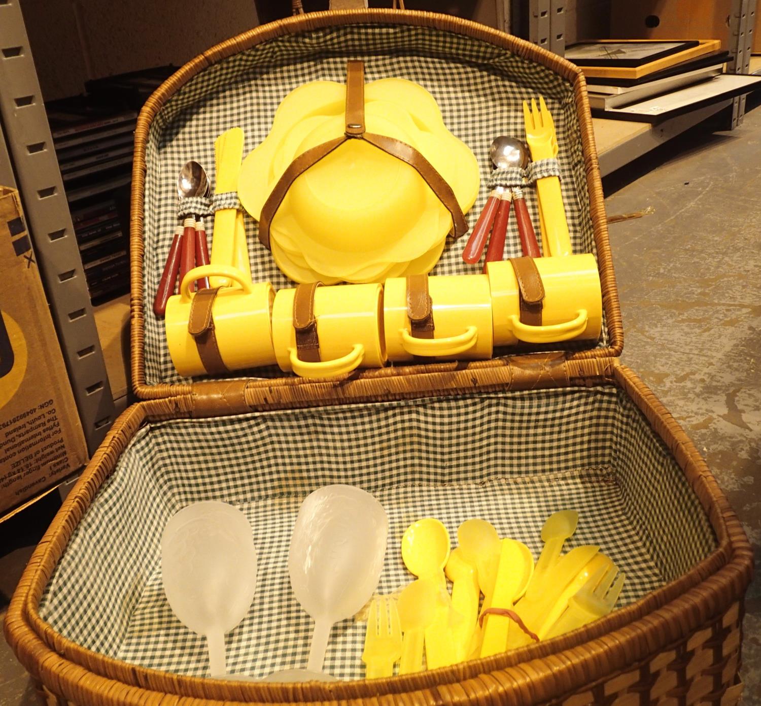 Four person wicker picnic baskets with unused contents. Not available for in-house P&P, contact Paul