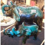 Three blue mountain type ceramic elephants. Not available for in-house P&P, contact Paul O'Hea at