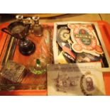 Tray of mixed items to include a quantity of beer mats, opera binoculars, silver plated items and