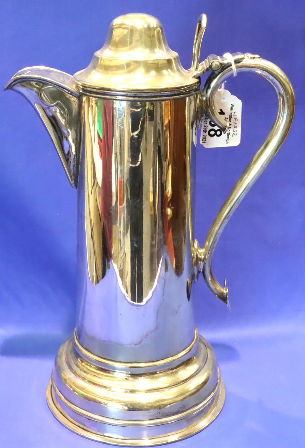 Large silver plated lidded flagon, H: 34 cm. P&P Group 3 (£25+VAT for the first lot and £5+VAT for